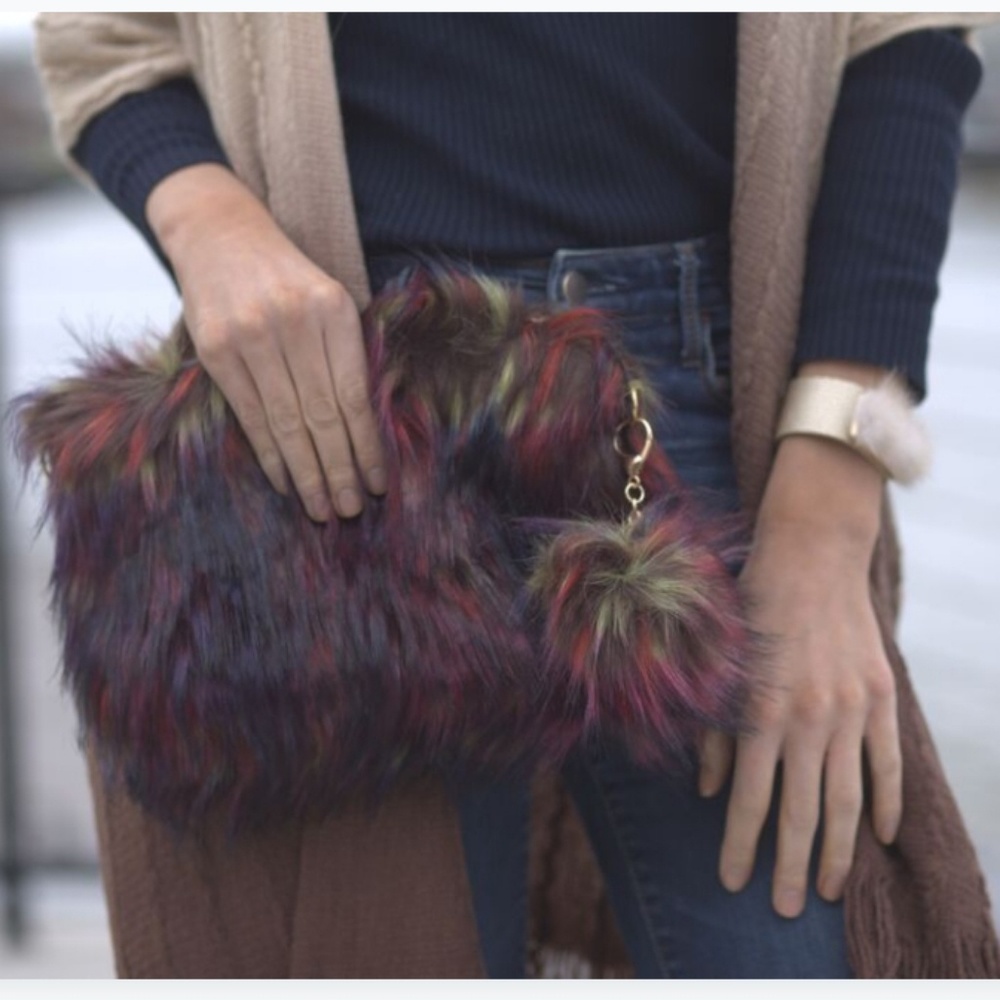 Fur Pom Pom Clutch Purse